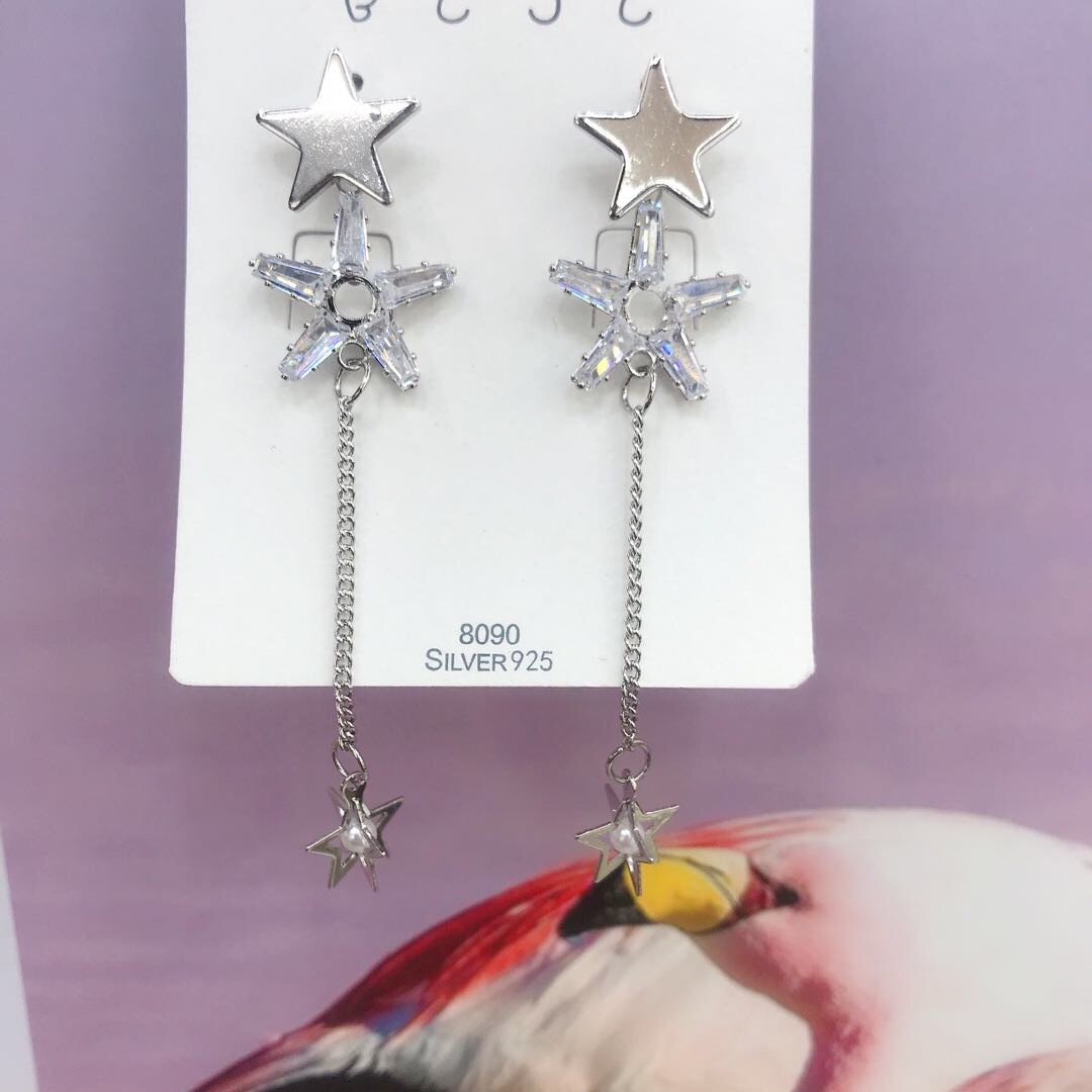 Fashionable and versatile long tassel earrings, double-star micro-inlay elegant earrings