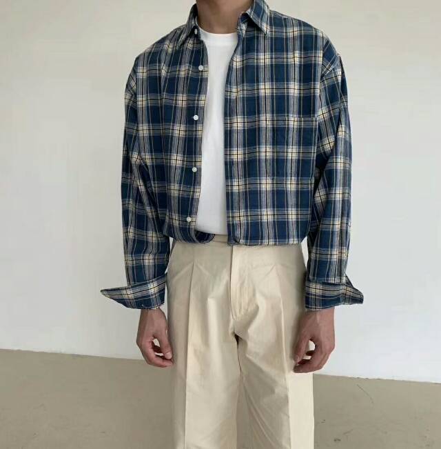 New summer men's long-sleeved fashionable checked shirt details Picture