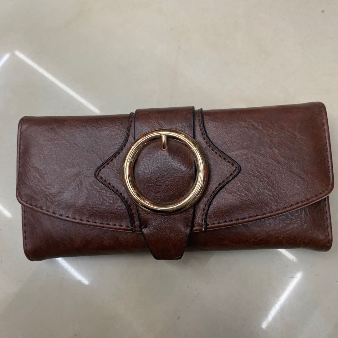 棕色长款皮质钱包手拿包翻盖款皮夹