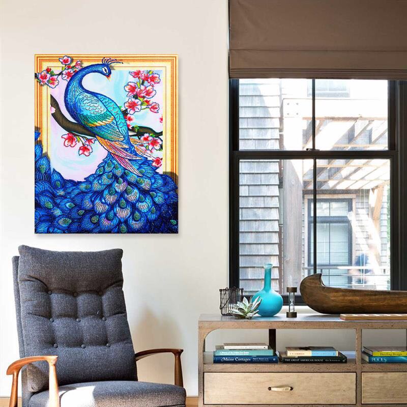 The large living room is fully tiled with peacocks. The small items are all handmade details Picture