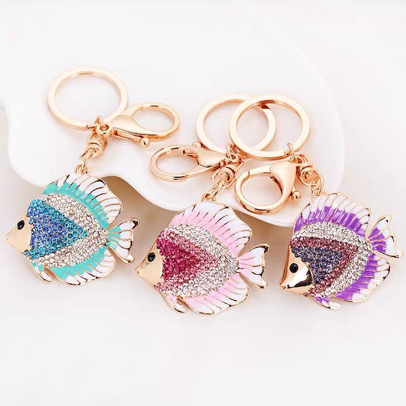 Car keychain, cute Korean cartoon tropical fish, crystal water diamond, creative key chain bag pendant for men and women