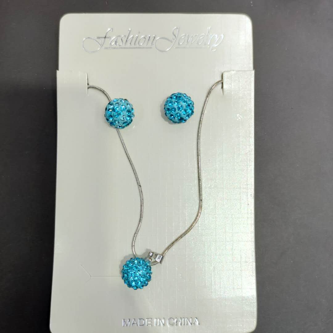 Ocean Style Ladylike Blue Alloy Diamond Ball Necklace Diamond Ball Stud Earrings Set Chain