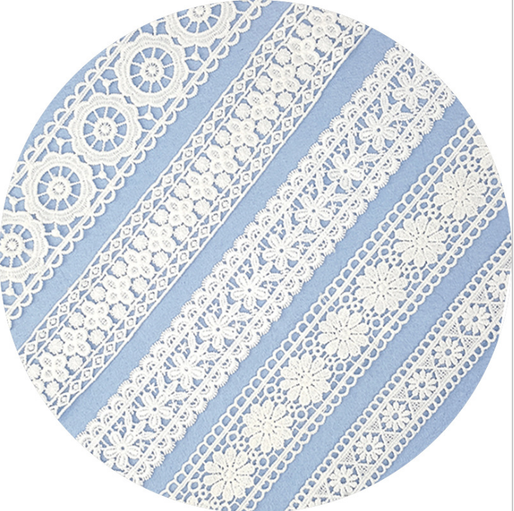 Computer-embroidered non-elastic lace with hollowed-out white milk thread water-soluble embroidery barcode lace clothing accessories Specification image