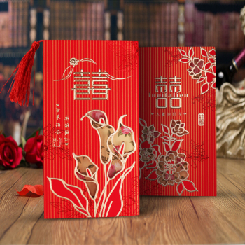 结婚喜帖精美喜庆时尚中式三折红内页喜帖精致请柬