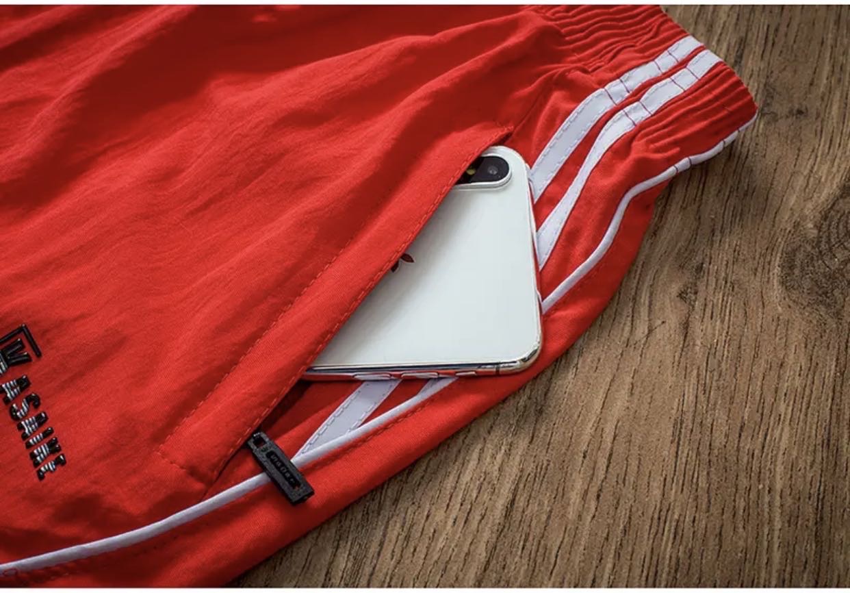夏季男士休闲短裤跑步健身三分运动裤拉链口袋居家睡裤速干沙滩裤红色细节图