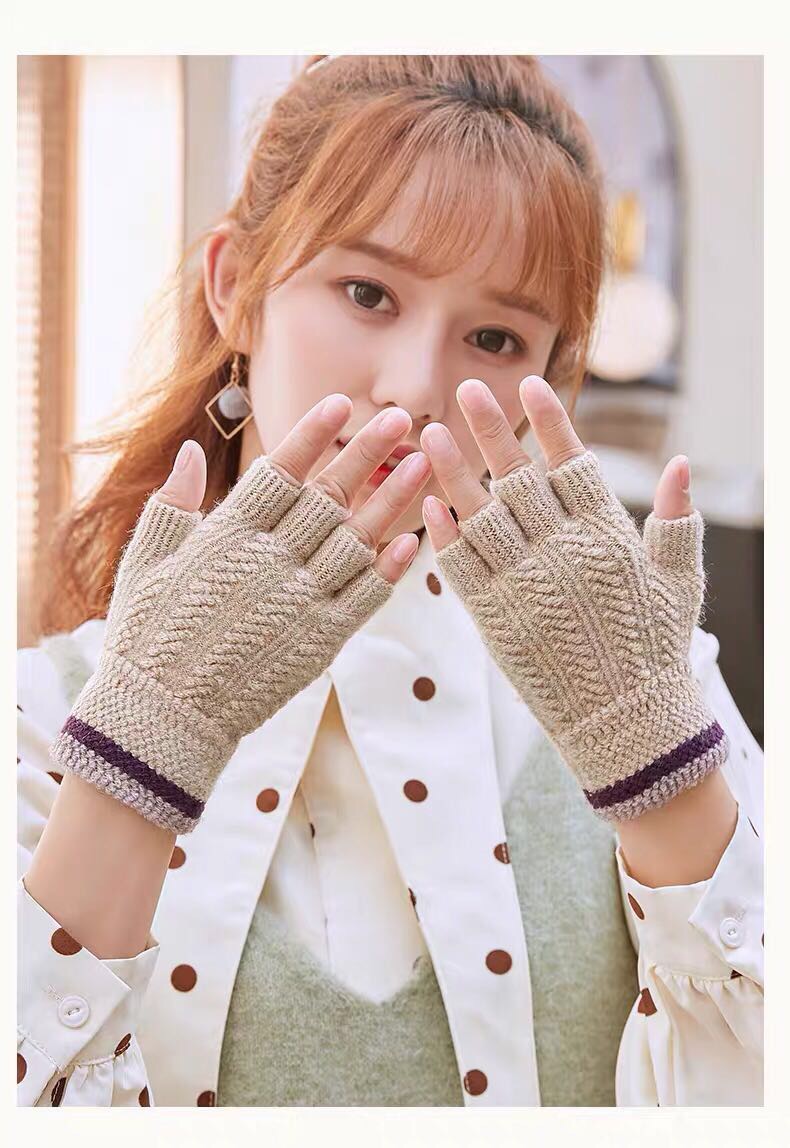 针织毛线学生写字露指手套女冬天五指秋冬季韩版男士半指弹力保暖米色