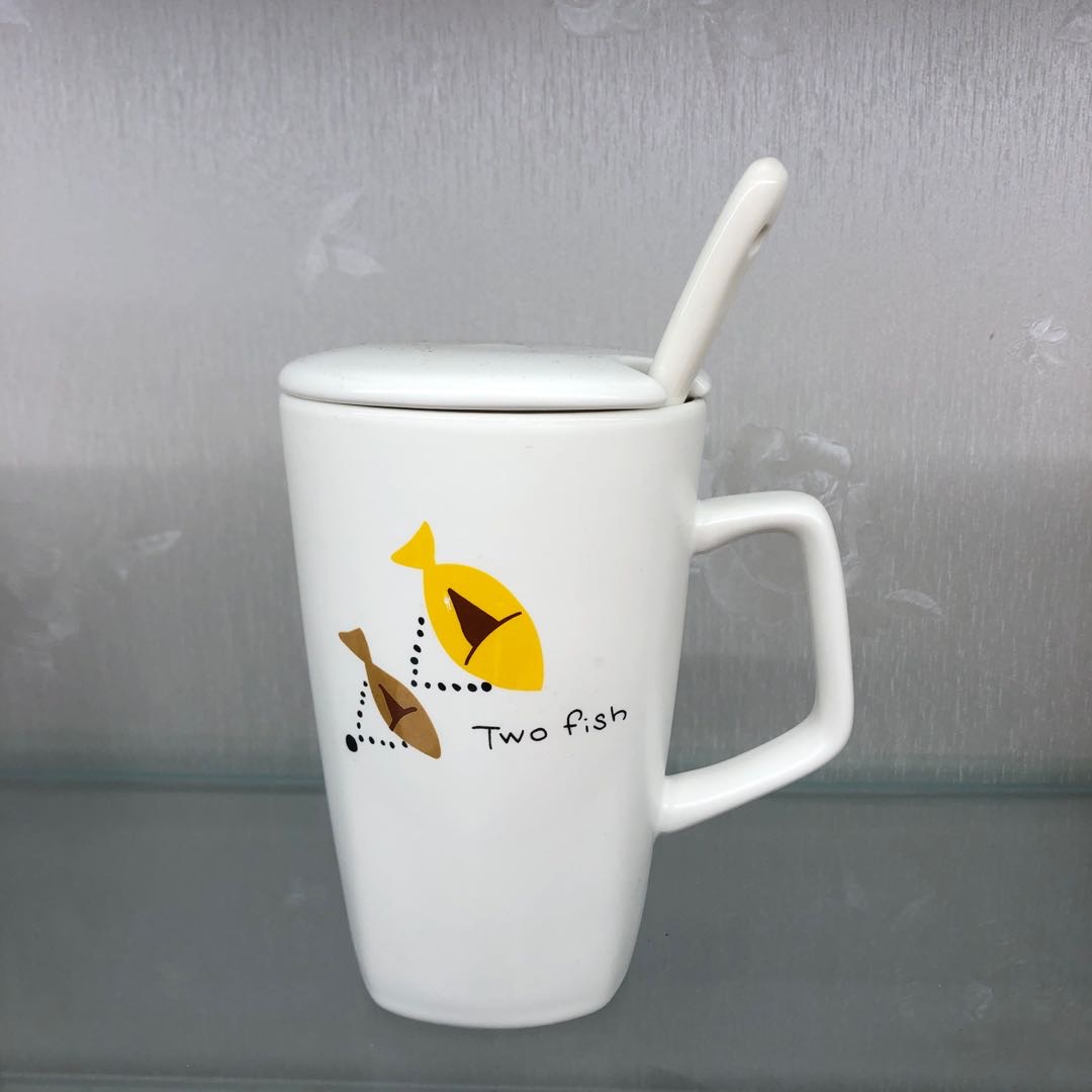 小鱼陶瓷水杯带勺咖啡杯学生茶杯生日礼品
