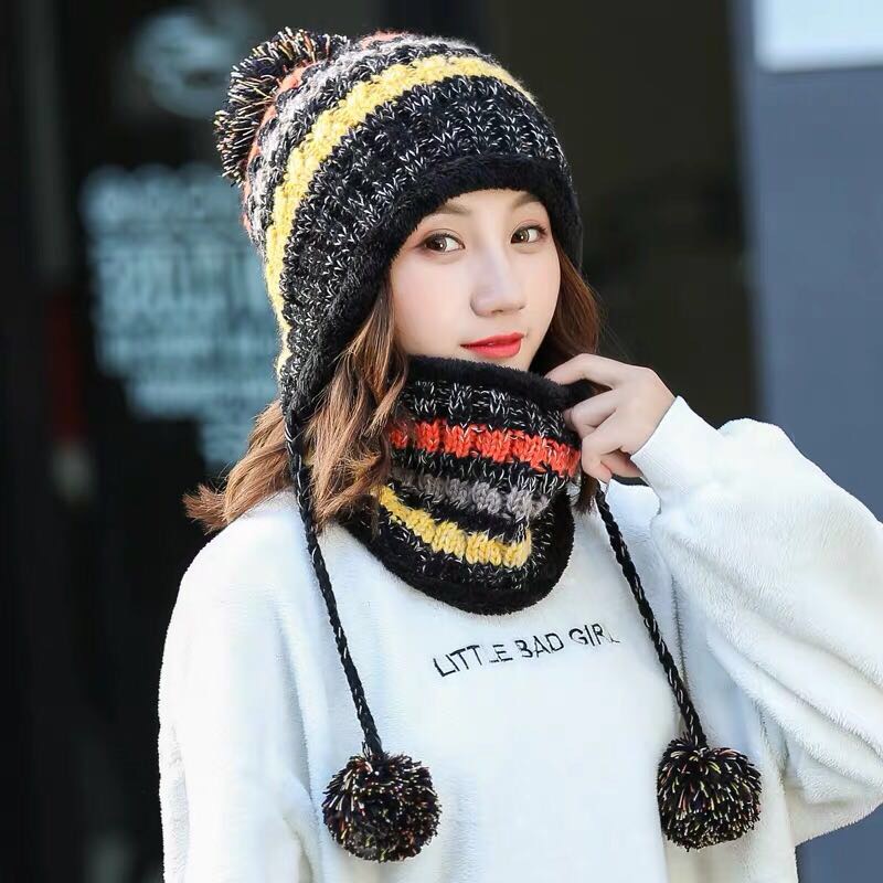 Girls Riding Hat Winter With Velvet Woven Plus Velvet Warm Woolen Hat Hat Women's Neck Set Simple