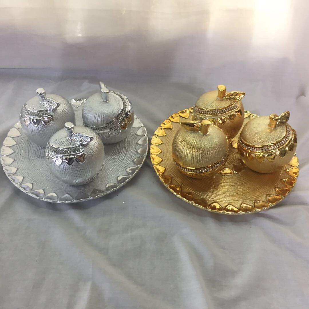 果盘金银苹果陶瓷摆件家居客厅小摆设