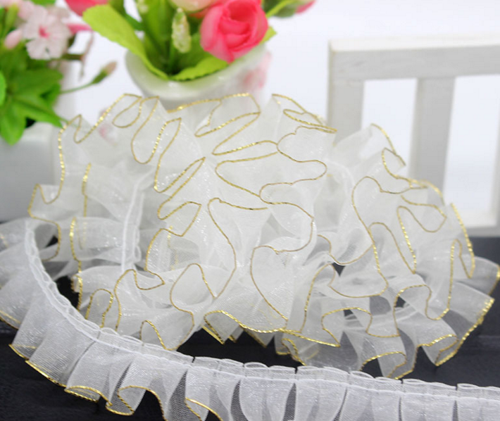 2cm gold-rimmed snow gauze with pleated lace, DIY crinoline doll decorative accessories, handcrafted material accessories details Picture