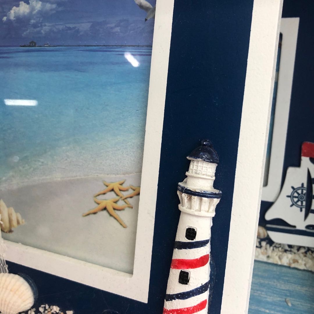 Fishing net Mediterranean-style swing photo frame decoration, creative boat-shaped image frame, ocean-style wooden sailboat display stand decoration photo frame Specification image