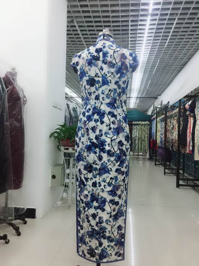 茉茉旗袍 春夏四分连袖全开襟全包边长款 复古日常雪纺旗袍 素秋