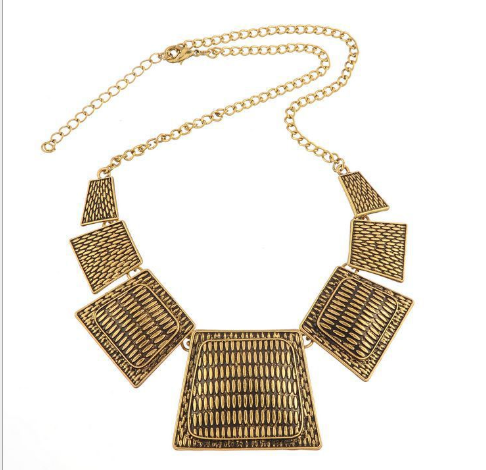 欧美热销复古做旧金属质感雕花几何形短款项链