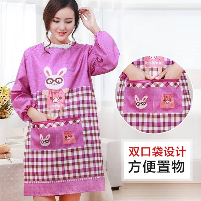 Apron, long-sleeved waterproof and oil-resistant work clothes for home kitchen, fashionable Korean style for women, cooking waistband, wearing the cover-up inside out