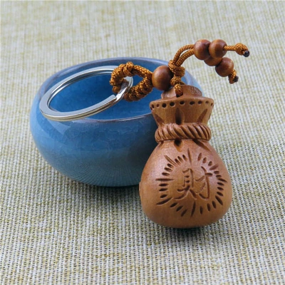 Carved Peachwood Keychain Money Bag Fortune Bag Money Pocket Car Key Hanging Jewelry Creative Small Gifts