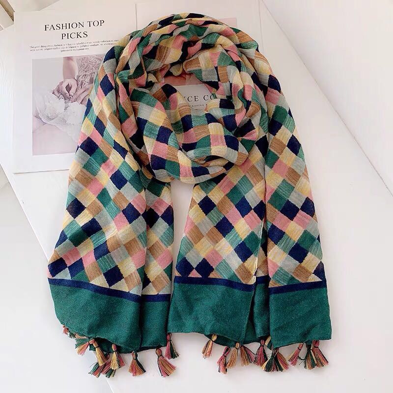 Diamond-Checked Cotton And Linen Matching Retro Shawl Bib Scarf