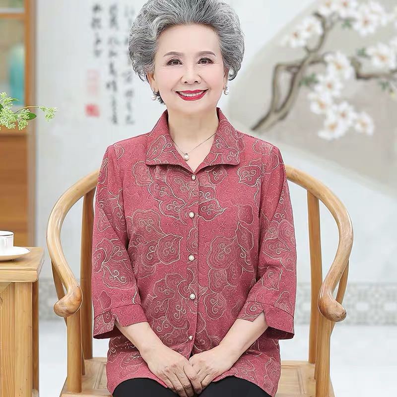 中老年妈妈装老年装春秋新款中袖雪纺纽扣衬衫
