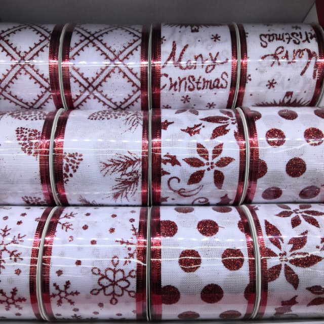 红色包边包装带白底红色图案包装丝带生日礼物包装带