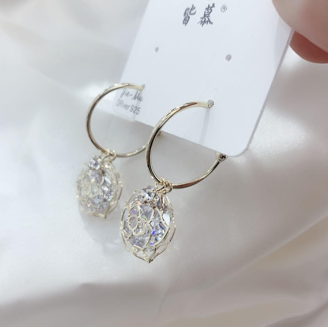 Fashionable new silver needle rose hollowed-out long earrings, elegant and versatile, eco-friendly and anti-allergy earrings details Picture