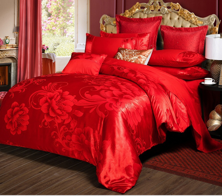 高档欧式大红贡缎提花全棉四件套纯棉床单被套
