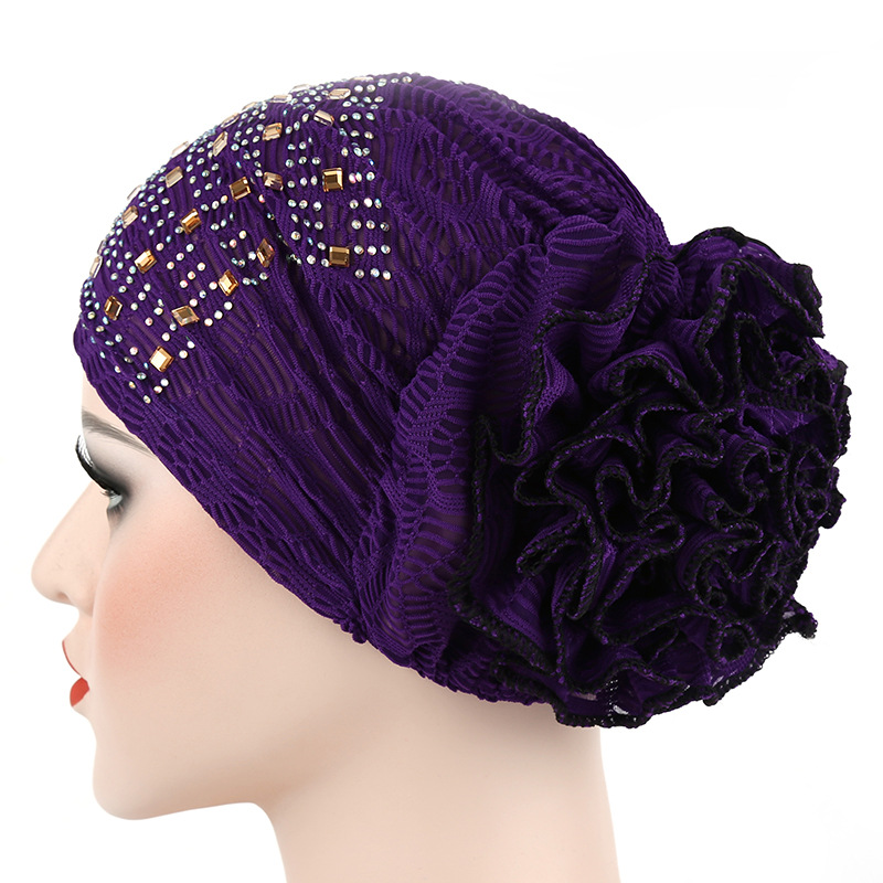 Women's Fashion Trend All-In-One Muslim Hot Diamond Two-Color Pan Flower Gauze Headscarf details Picture