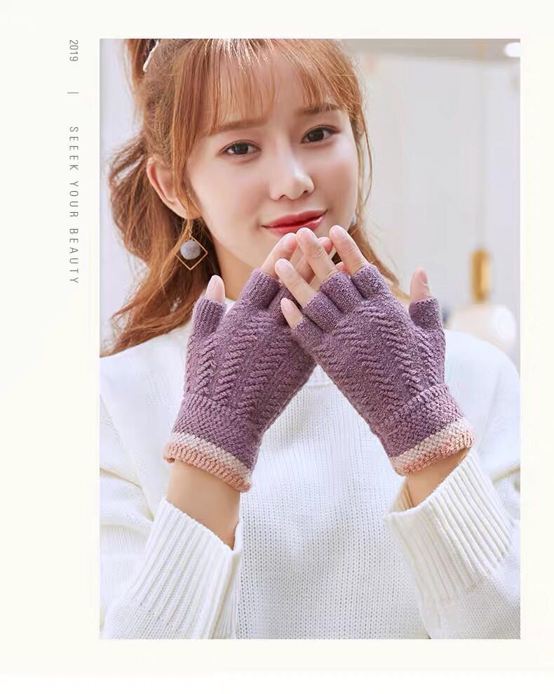 针织毛线学生写字露指手套女冬天五指秋冬季韩版男士半指弹力保暖紫色