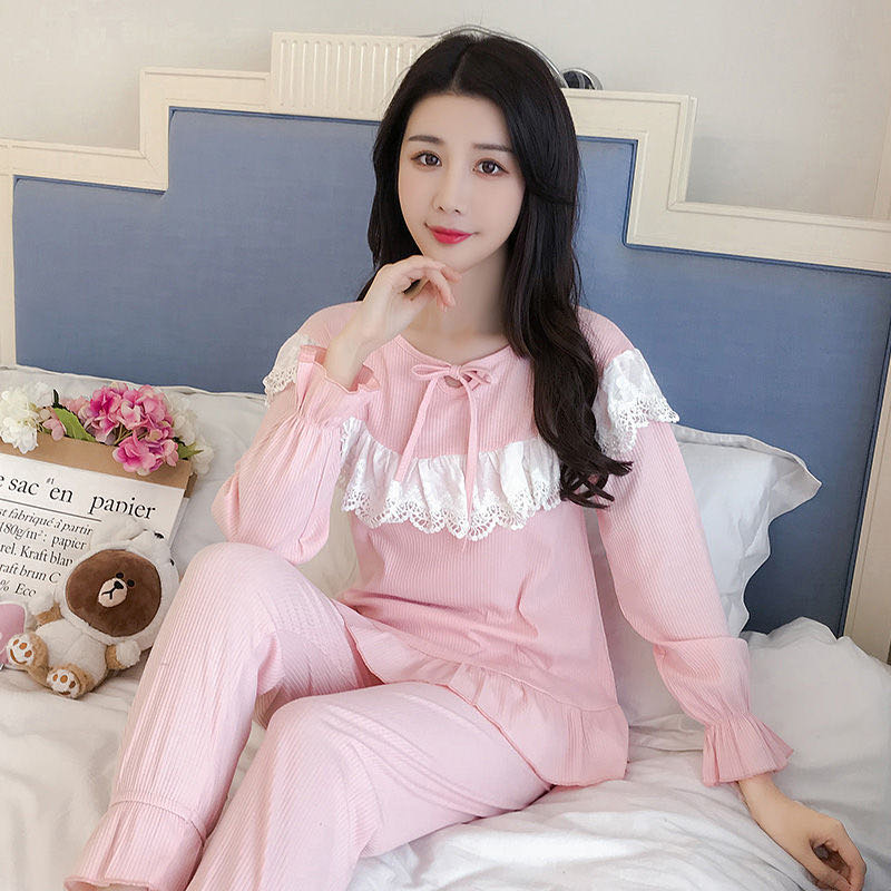 Pajama Woman Cotton Spring And Autumn Long Sleeves Sweet And Lovely Korean Lace Lace Princess Style Autumn Home Dress Set Specification drawing