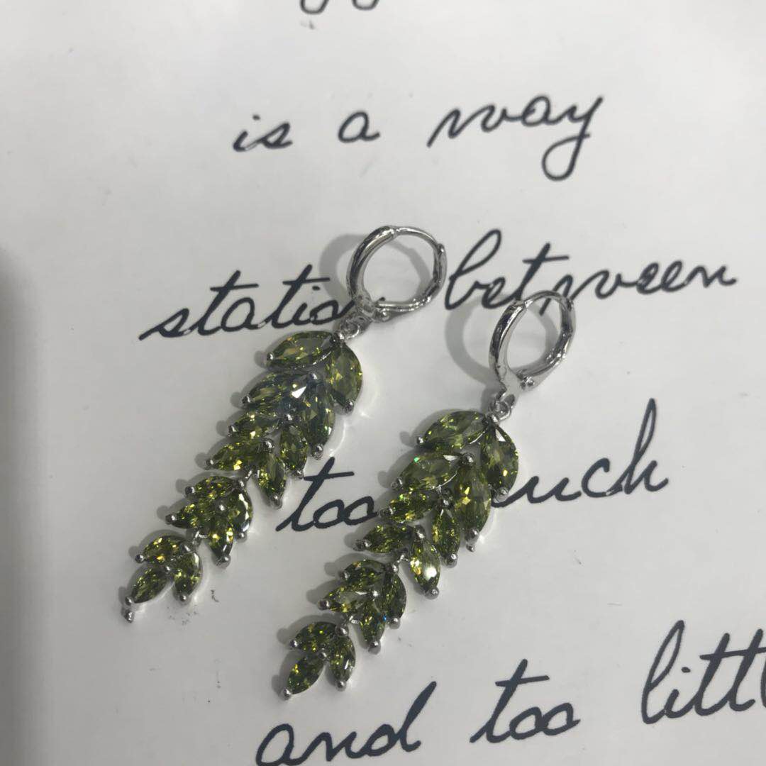 Japanese and Korean fresh green zircon earrings, long, super shiny, simple and elegant earrings for women details Picture