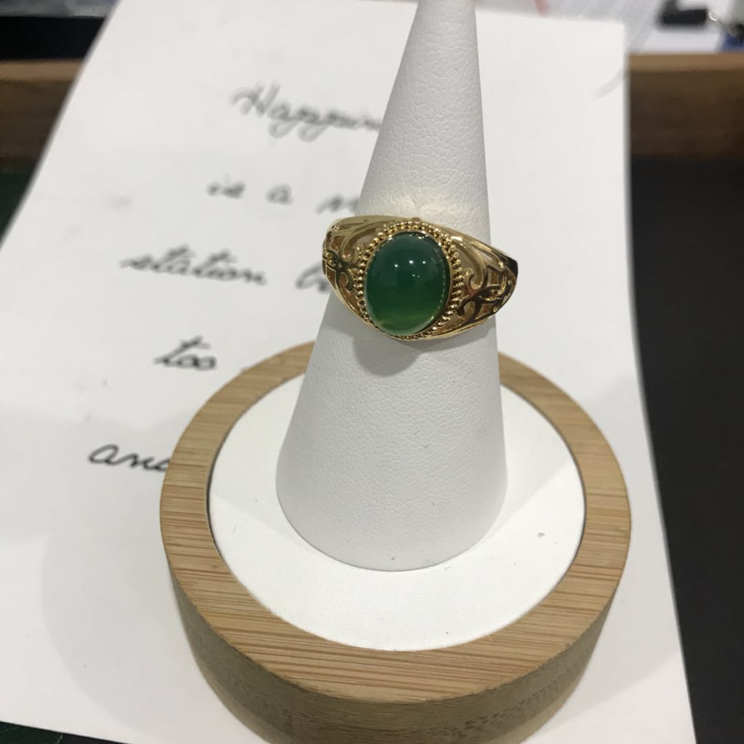 Green agate ladies ring inlaid agate opening for men brass 24-karat gold ring thumbnail