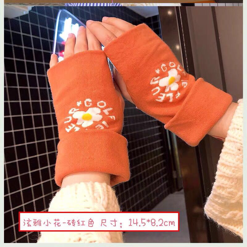 韩版可爱手套骑行半指女冬运动露指学生写字条纹针织双层保暖手套图