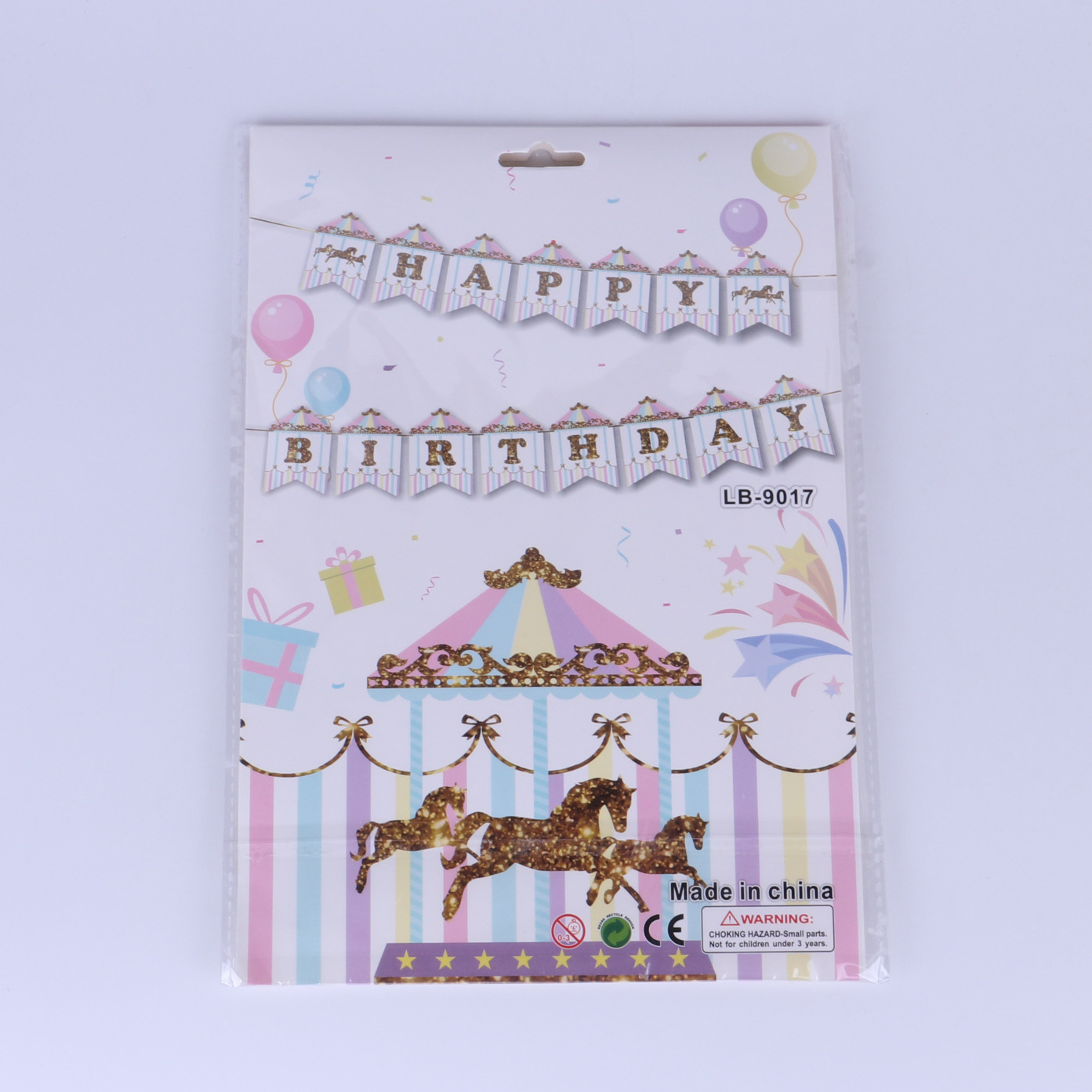 New carousel birthday Happy flag Girl birthday party scene decoration prop Wooden horse flag details Picture