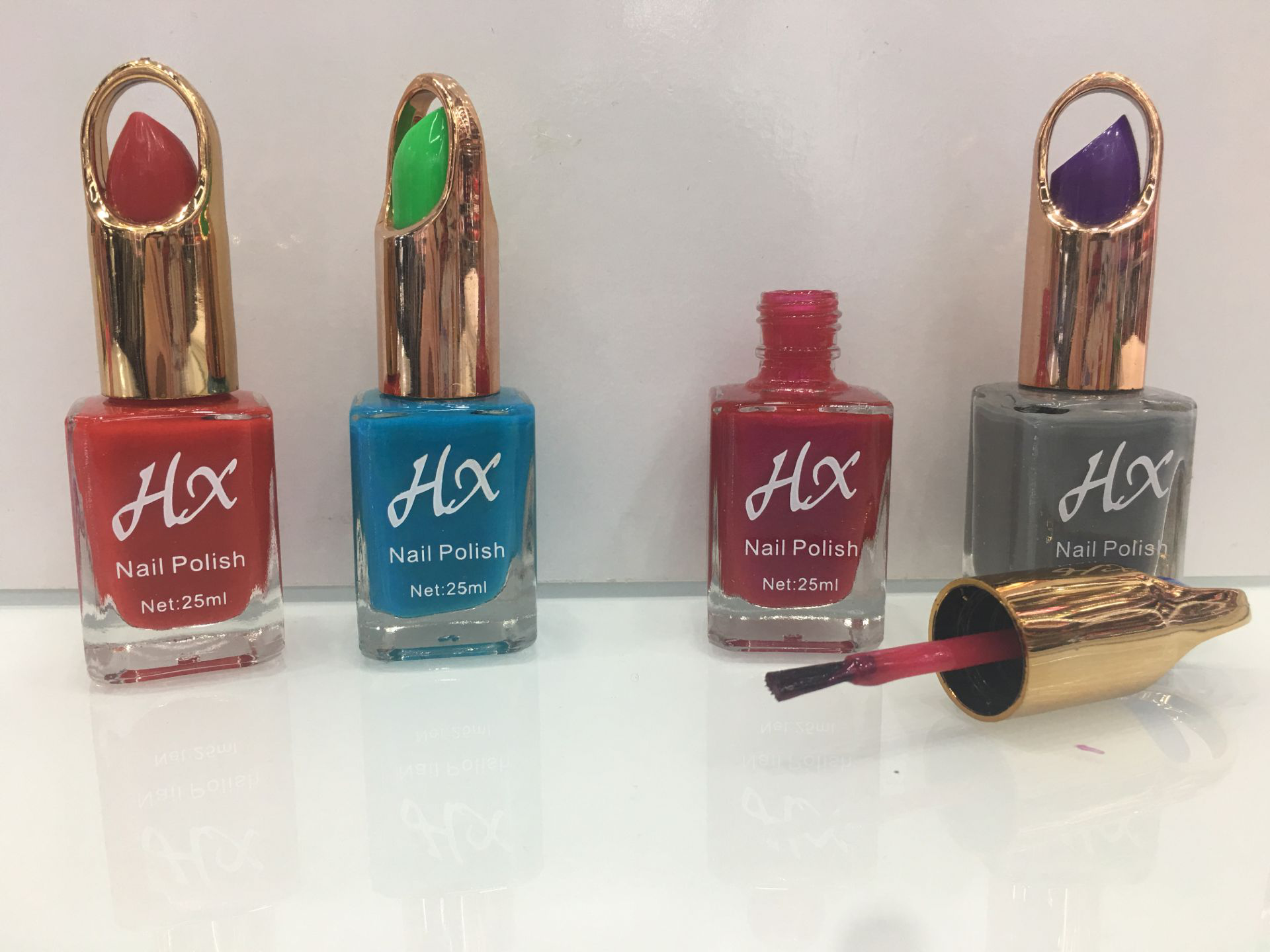 Close-up of D-363 nail polish bottles