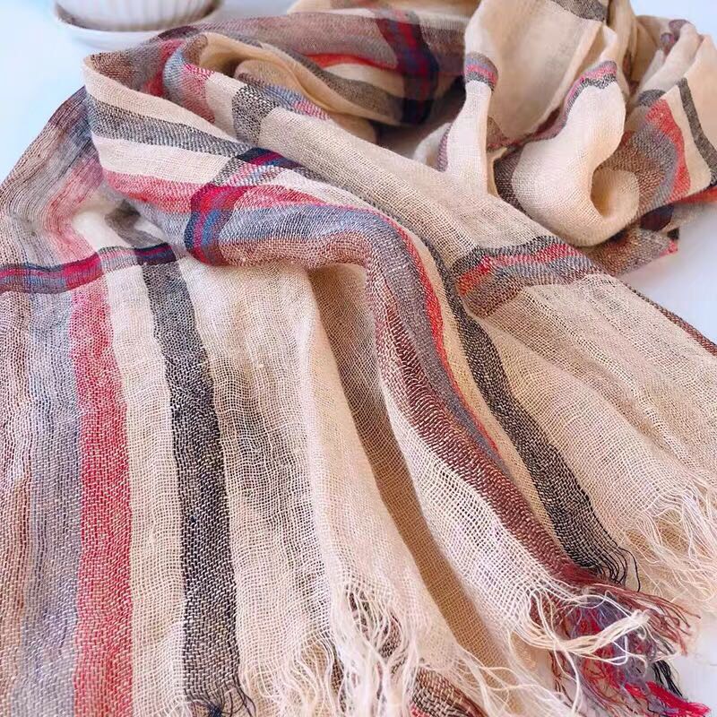 Thin Spring And Autumn New Camel Color Large Plaid Linen Literary Scarf Shawl Dual Purpose Silk Scarf details Picture