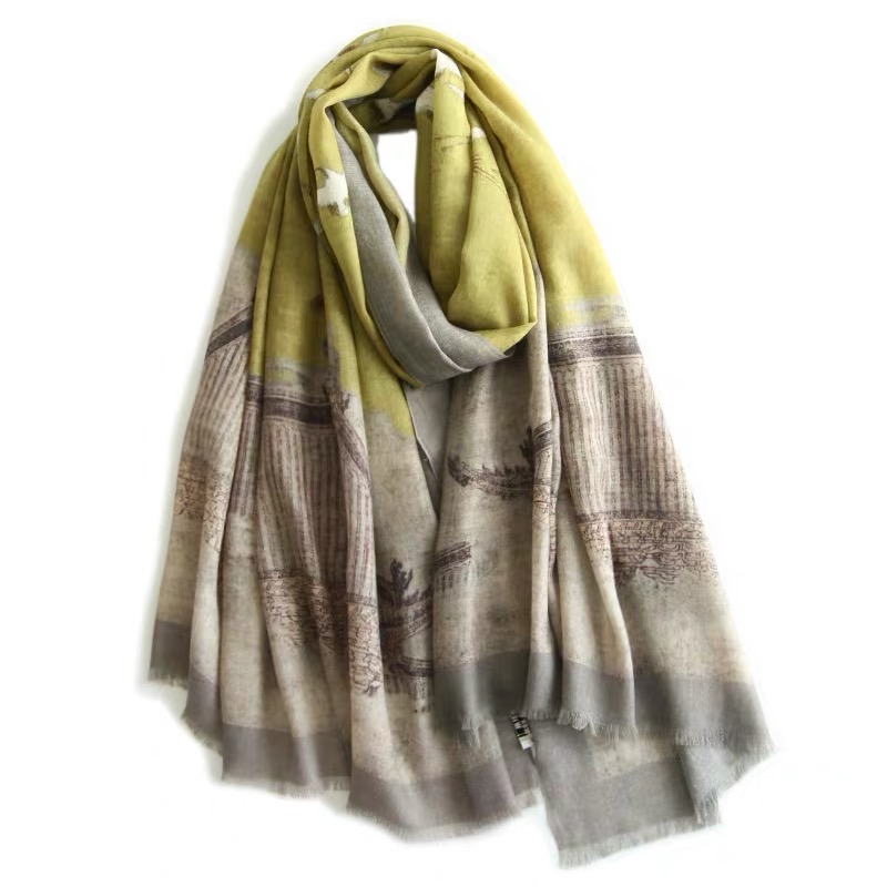 百搭休闲时尚围巾经典黄色仙鹤图案披肩