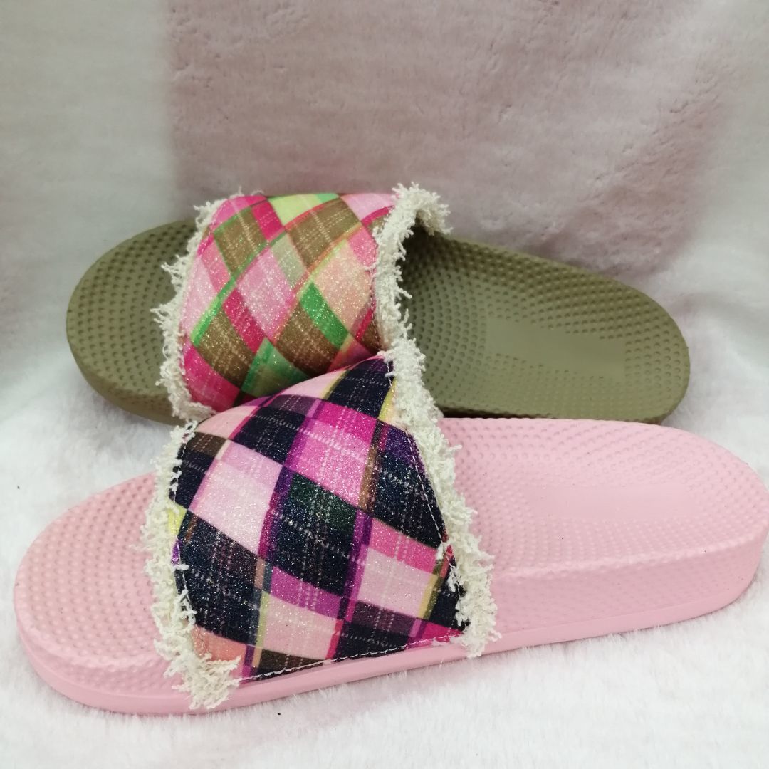 Matching Color Chequered Rough Edge Slippers New Summer Wear A Word Fashion Sandals Burst Female Drag Specification drawing