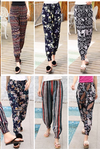 Comfortable cotton silk printed lantern pants, women's summer nine-inch pants, ethnic style Harem pants, women's pants, loose beach pants