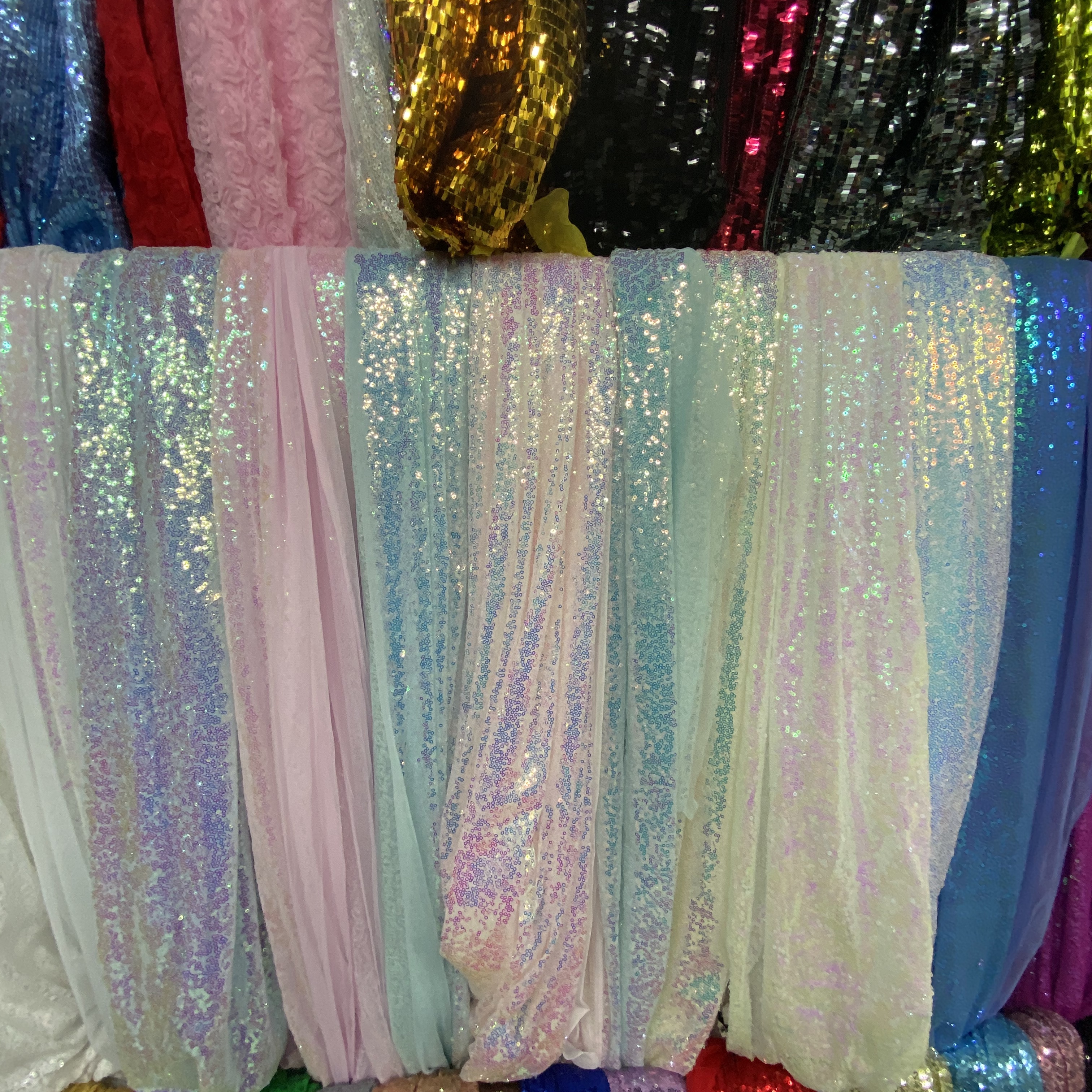 3mm金光片 厂家直销定制满幅珠片亮片布料面料亮片珠片绣花布网布网纱布料