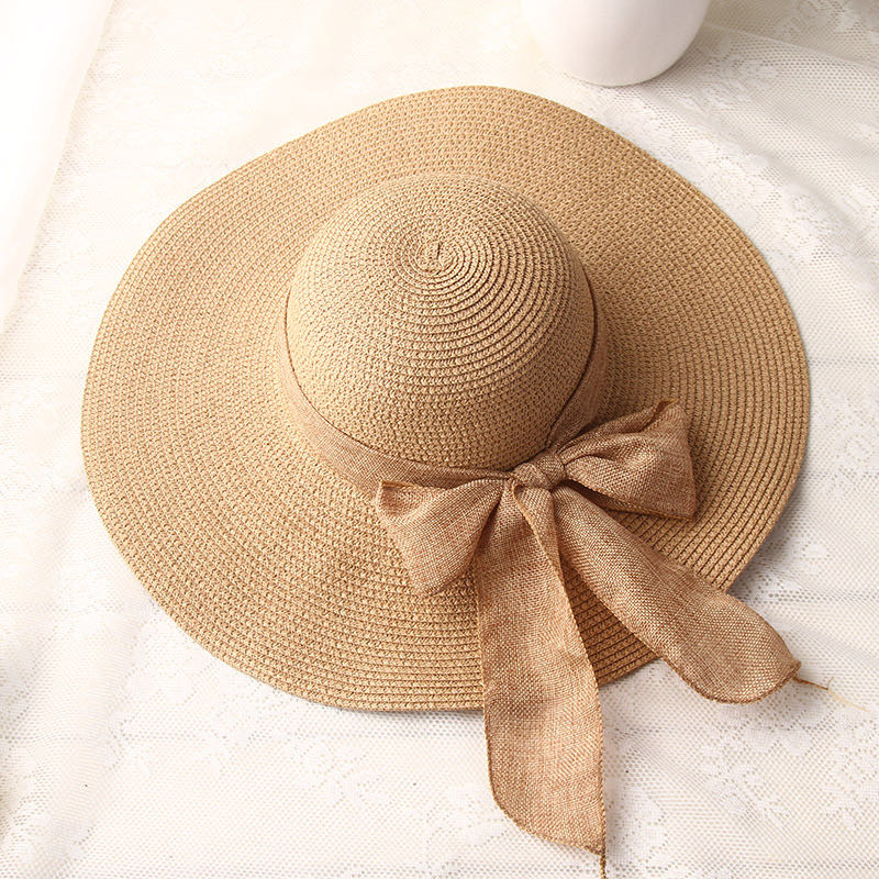Summer Women's Sun Hat Travel Sunblock Large Beach Hat Outdoor Sunshade Straw Hat Small Fragrance Black Streamer 1 details Picture