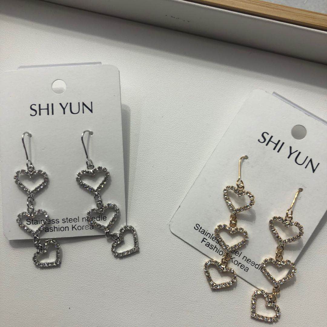 韩国东大门爱心长款流苏耳钉水钻超闪气质耳环