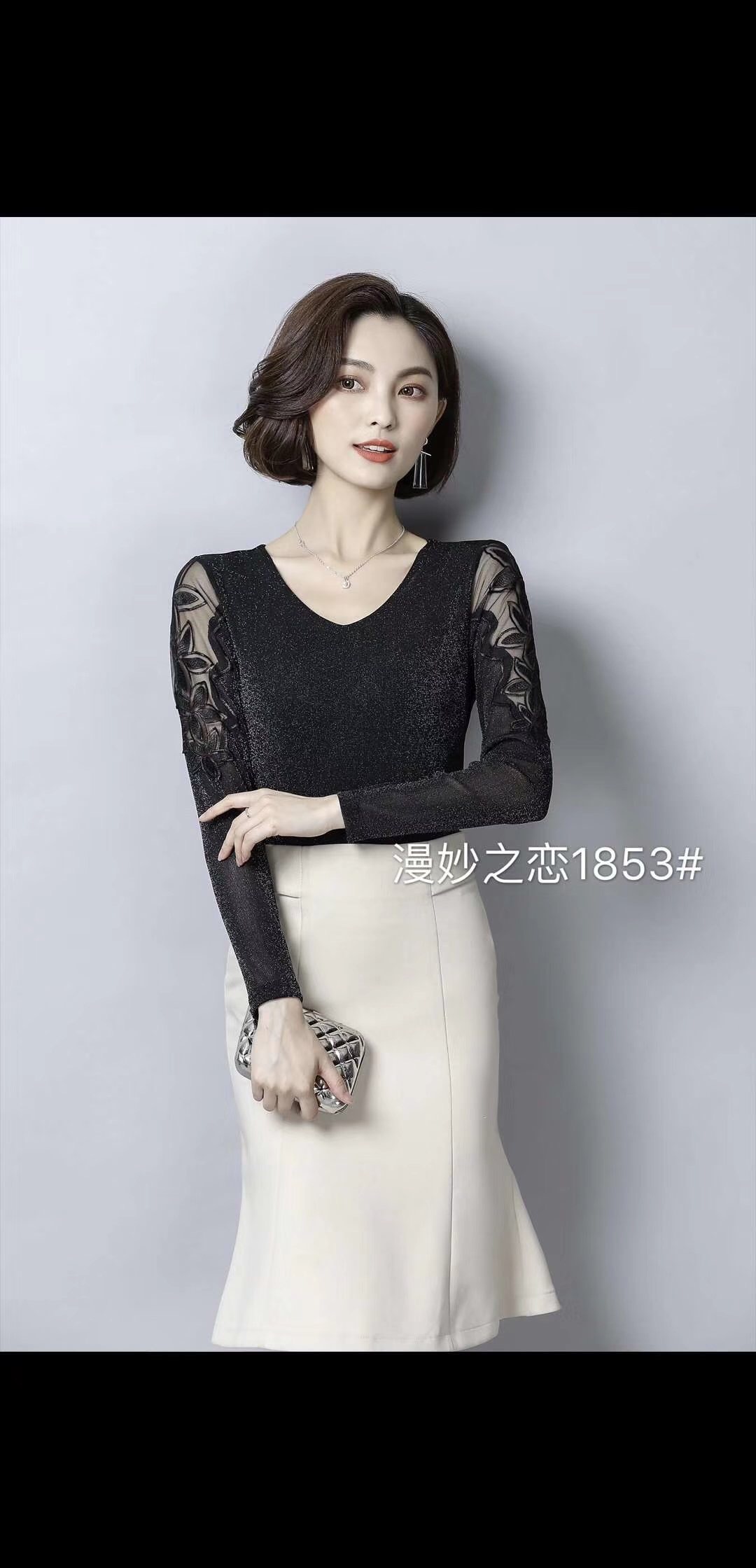 新款韩版网纱印花打底衫时尚女高弹百搭长袖上衣