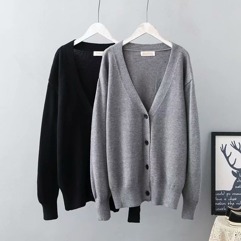 超大码女装 特大码200斤日系基本色百搭黑色灰色针织开衫外套女