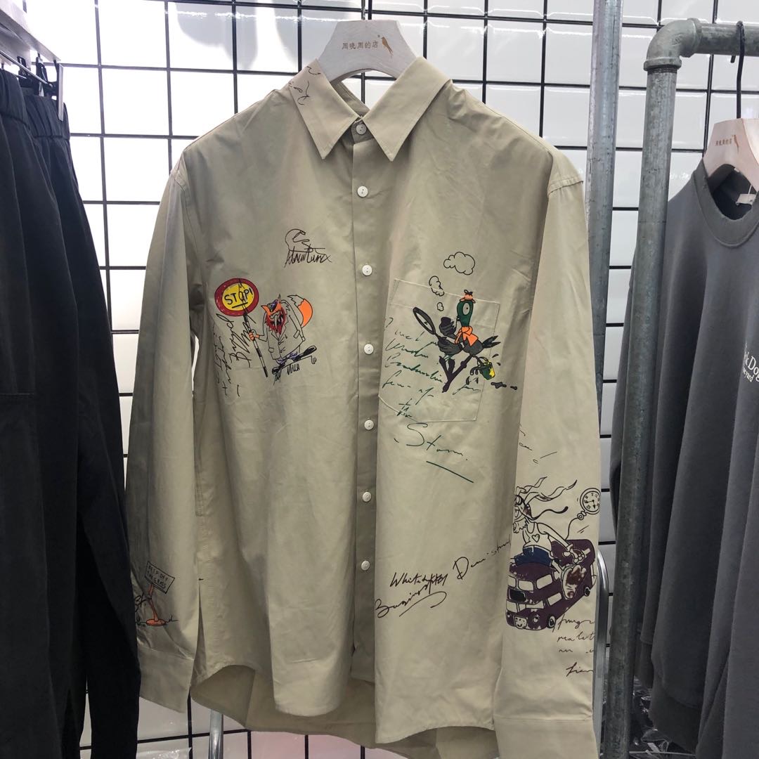 Spring and summer washed cotton cartoon graffiti long-sleeved shirt men's popular design sense casual and individual shirt base layer