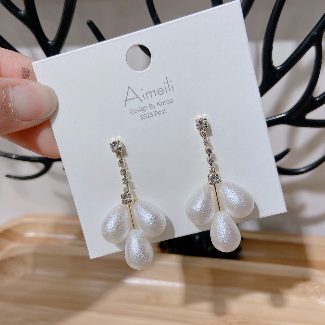 S925 silver needle microinlaid pearl pendant long earrings Japanese and Korean fashion joker temperament earrings details Picture