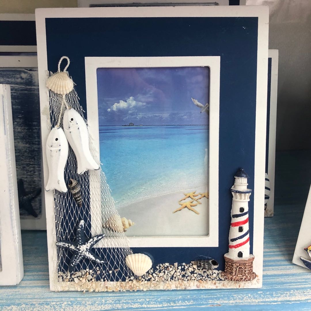 Fishing net Mediterranean-style swing photo frame decoration, creative boat-shaped image frame, ocean-style wooden sailboat display stand decoration photo frame