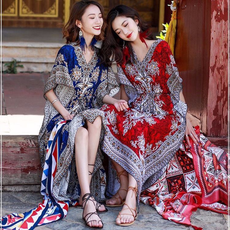 2020新款棉绸民族风连衣裙女夏蝙蝠袖连衣裙海边度假大码沙滩长裙