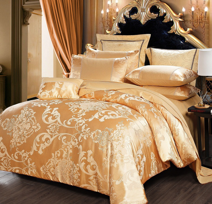 高档欧式金色贡缎提花全棉四件套纯棉床单被套