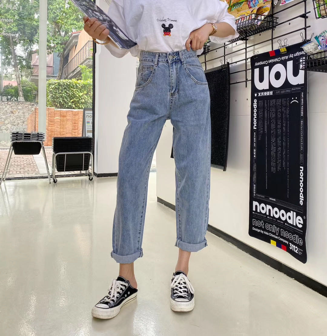 字母宽松牛仔裤高腰休闲长裤小个子学院风网红老爹裤流行