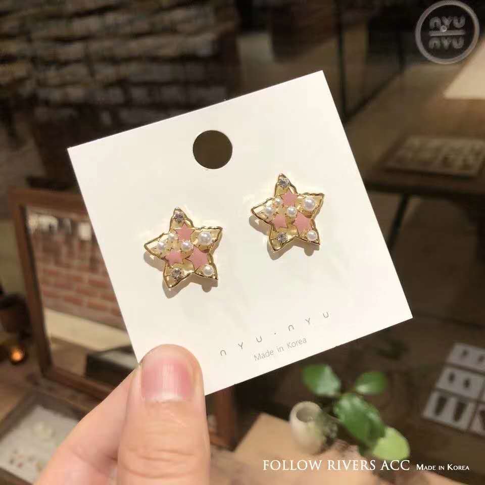 Cute golden five-pointed star alloy ring pearl earrings for petite girls Specification image