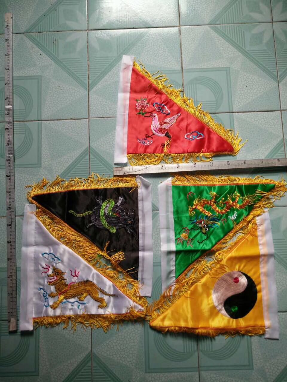 Taoist items, Taoist ritual flags, five-color ritual flags, five-direction flags, five-dragon flags, five-camp flags, ritual flags, flagpole bases details Picture