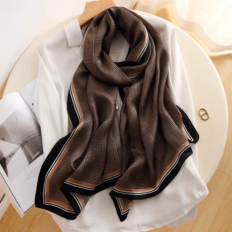 Brown Plaid Scarf Khaki Silk Scarf Long Cape For Both Purposes details Picture